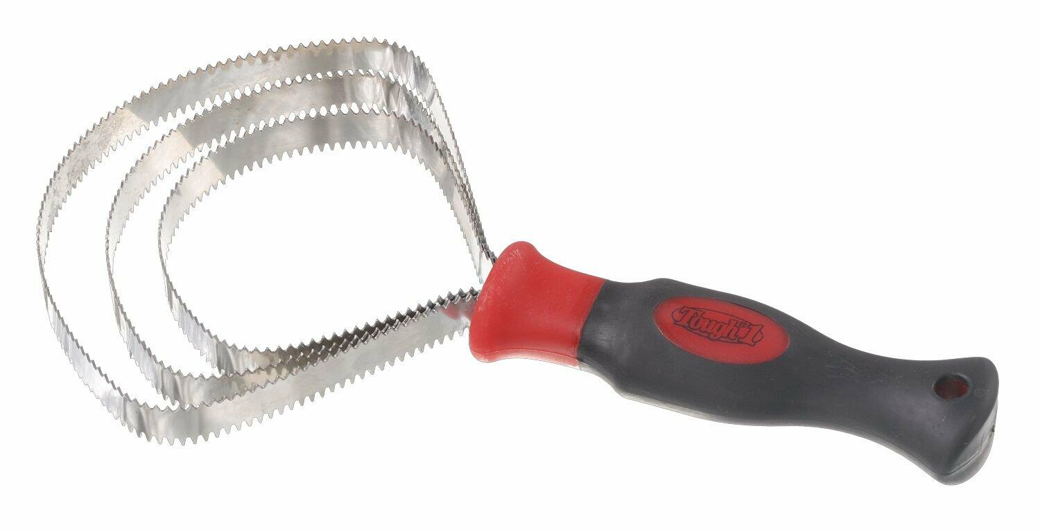 A red and black triple blade curry comb with a soft ergonomically designed handle.