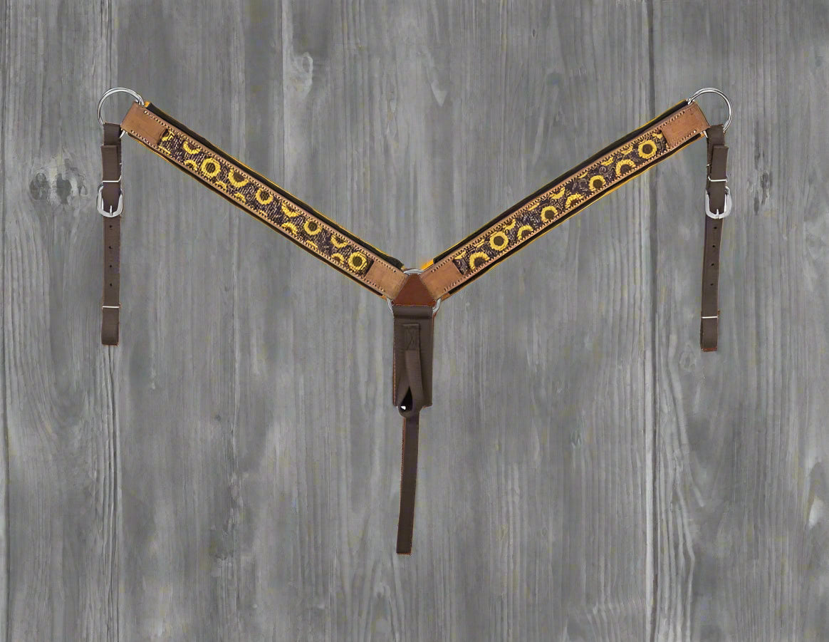 Brown leather bridle with decorative pattern on a white background