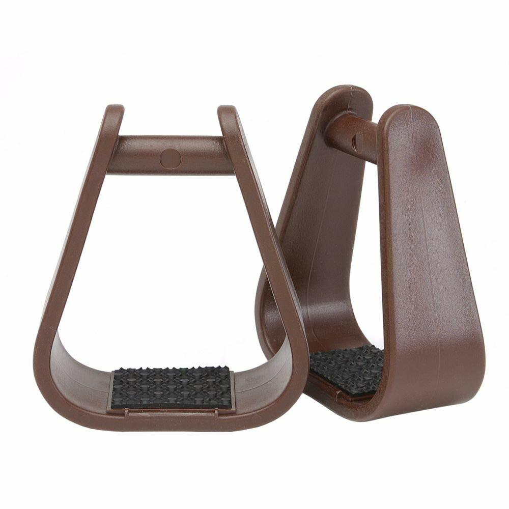 Pair of brown youth poly stirrups on a white background