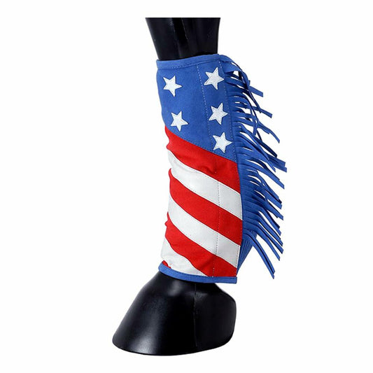 Tough 1 patriotic sport boot cover with red, white, and blue fringe for horse leg protection and rodeo flair