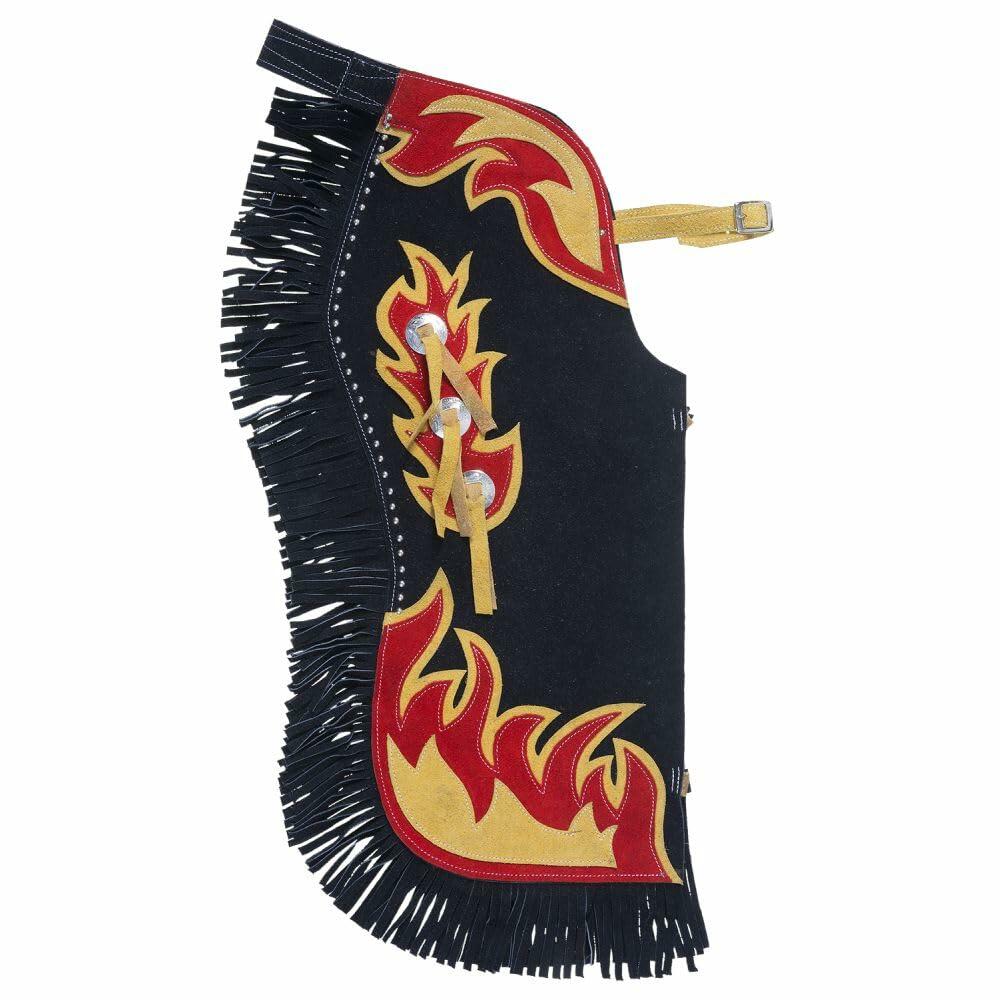 Adjustable black western youth chaps with vibrant rodeo flame design and durable leather look