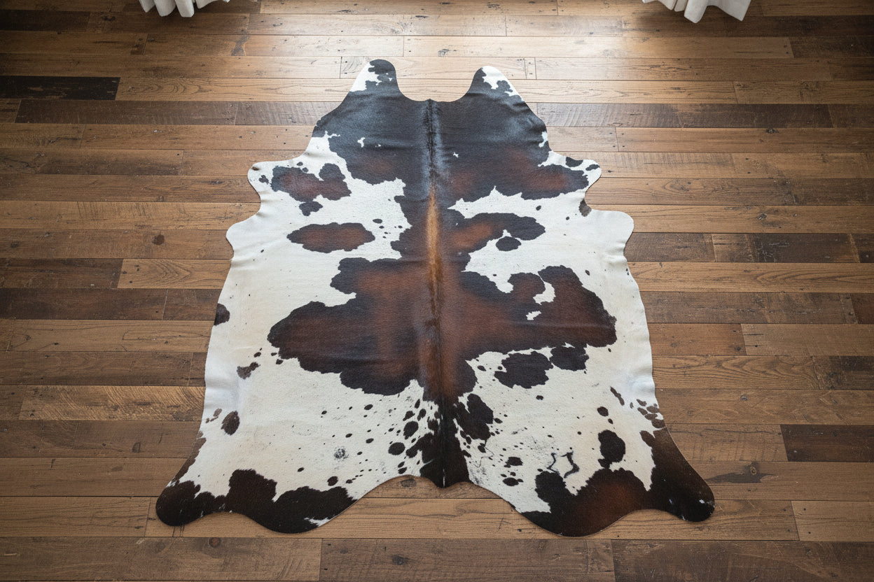 Black and white cowhide rug on a wood  floor
