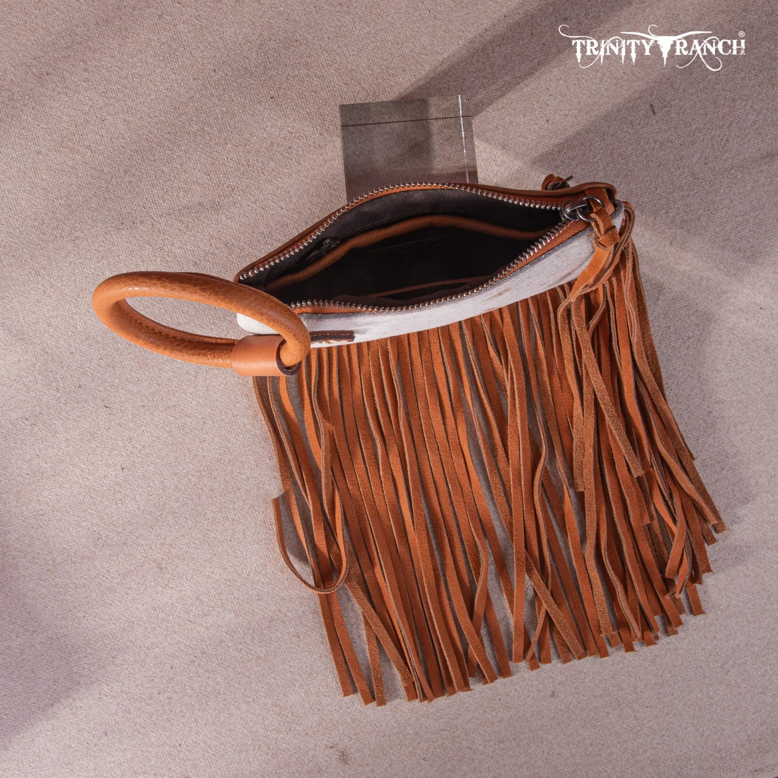 Natural cowhide pattern clutch purse with card slots and back zipper
