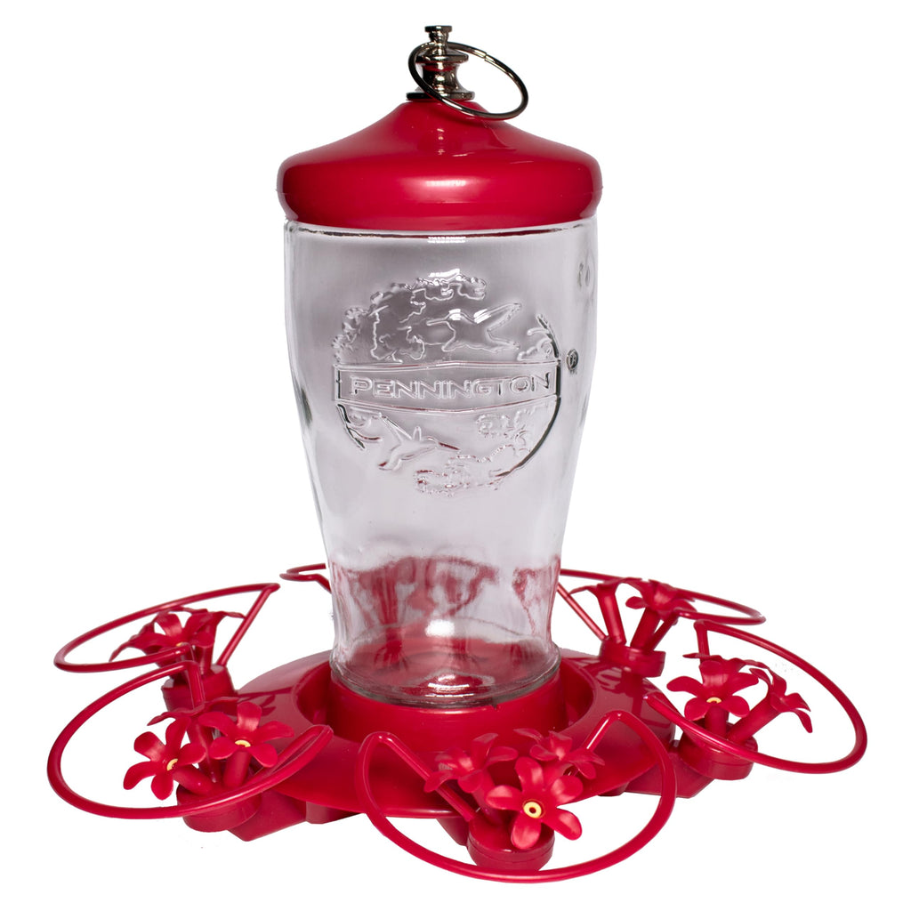 Red and clear hummingbird feeder 