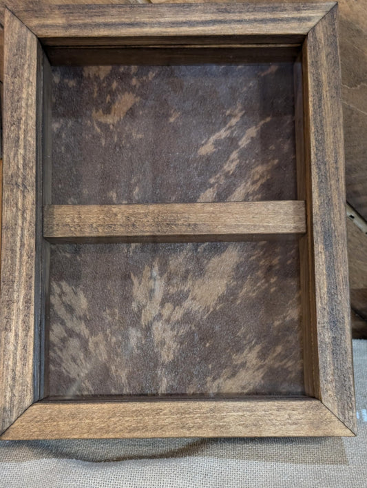 "Handcrafted solid wood trophy buckle case with genuine cowhide background and two display compartments – rustic and custom-made"