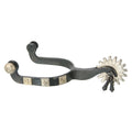 A black and silver show spur with jingle bobs and a large rowel, featuring a floral design on the silver overlay buttons.