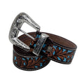 Myra turquoise floral leather belt with antique silver buckle, displayed coiled on white background.
