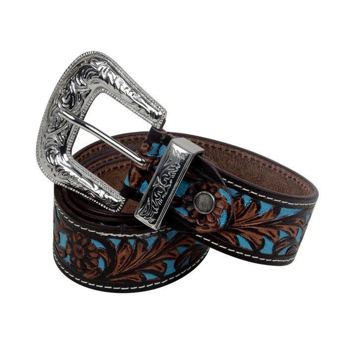Myra turquoise floral leather belt with antique silver buckle, displayed coiled on white background.
