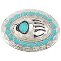 Decorative belt buckle with turquoise stones and black paw prints on a white background