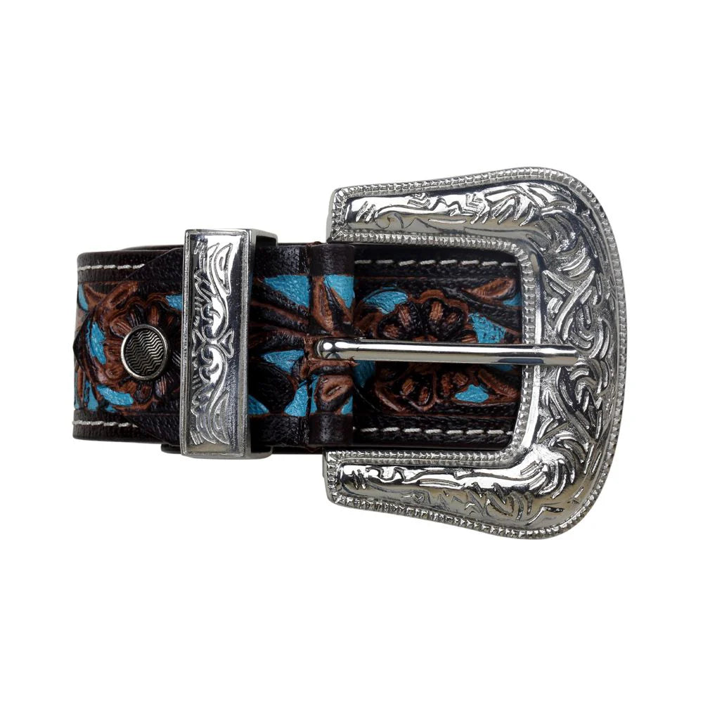 Close-up of turquoise inlay details and floral etching on Myra western leather belt for women.
