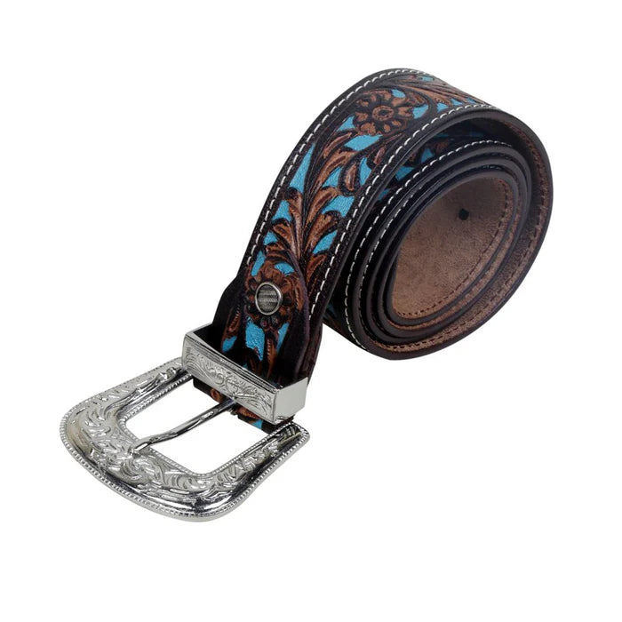 Women’s brown leather belt with turquoise accents and vintage silver buckle, perfect for western outfits.