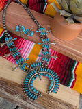 Navajo-inspired squash blossom jewelry set – bold Western necklace with crescent pendant and matching earrings