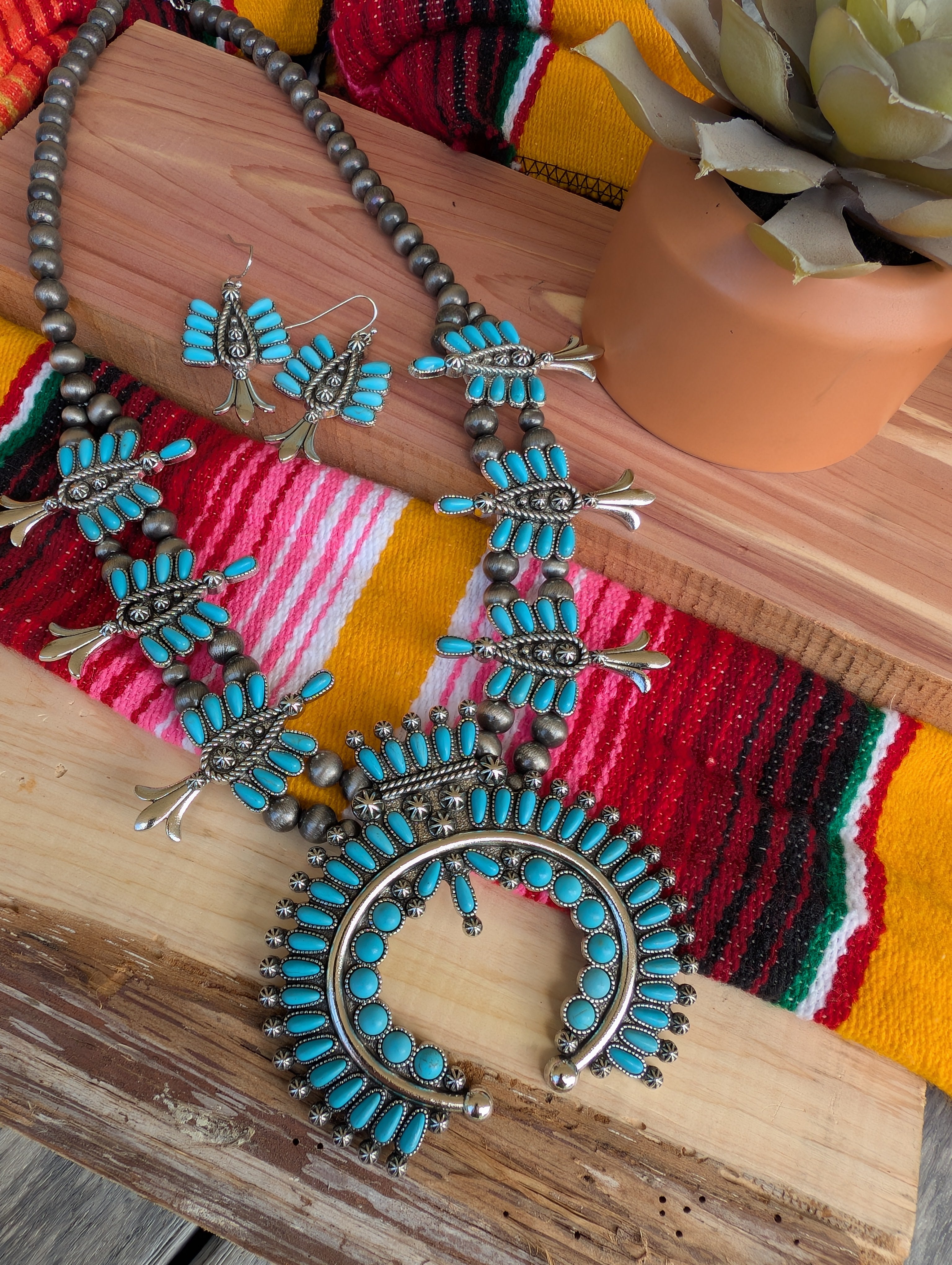 Navajo-inspired squash blossom jewelry set – bold Western necklace with crescent pendant and matching earrings