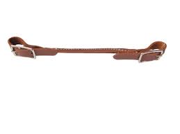 Brown leather strap with metal buckle on a white background