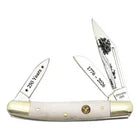 Small pocket knife with a white handle and blade open on a white background