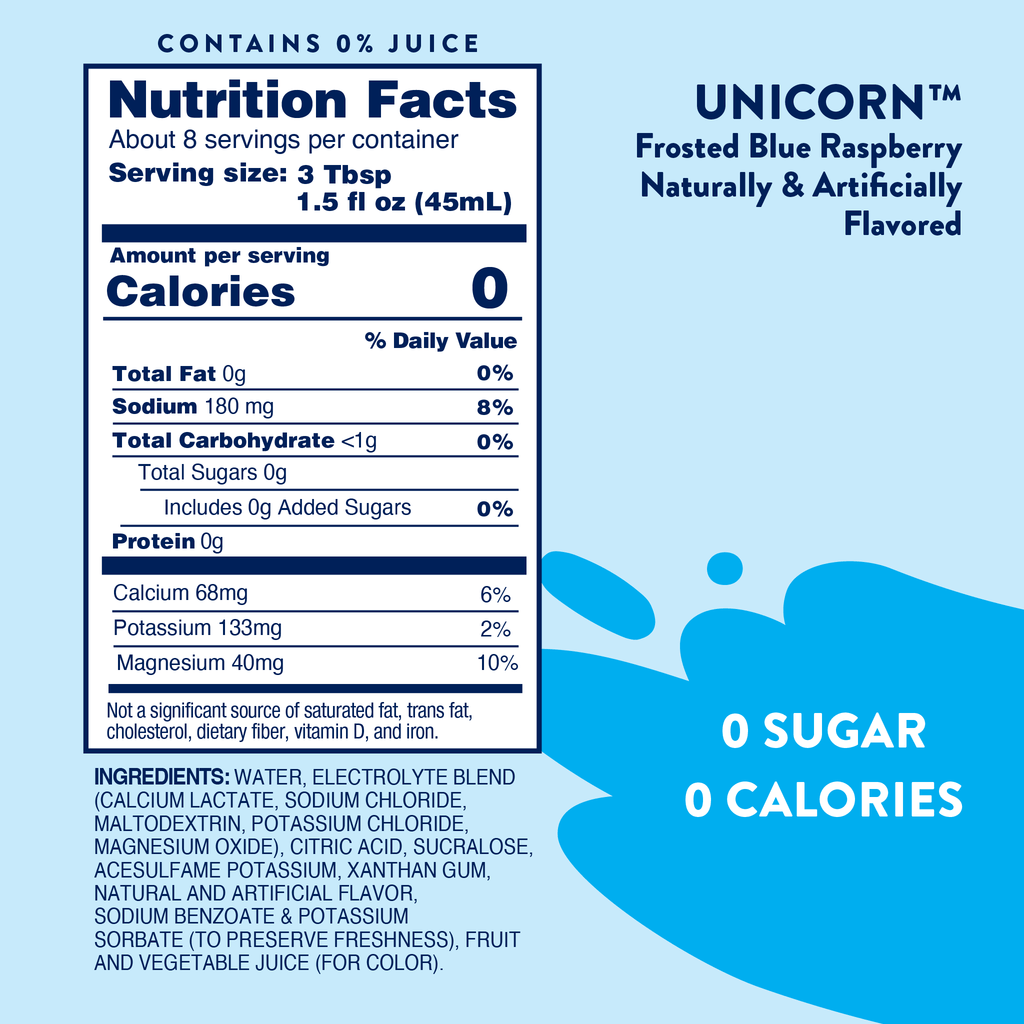 Nutrition facts label for a product with blue raspberry flavor, indicating 0% juice content and 0 calories per serving.