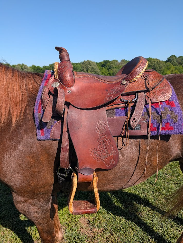 Up-close left side view of a roping saddle on a horse. 