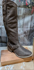 Dark Taupe Tall boot on a wood block
