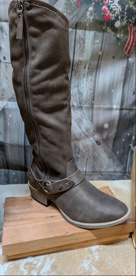 Dark Taupe Tall boot on a wood block
