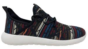 Multicolored patterned sneaker on a white background