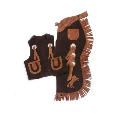 Brown leather chaps with fringes and embossed designs on a white background