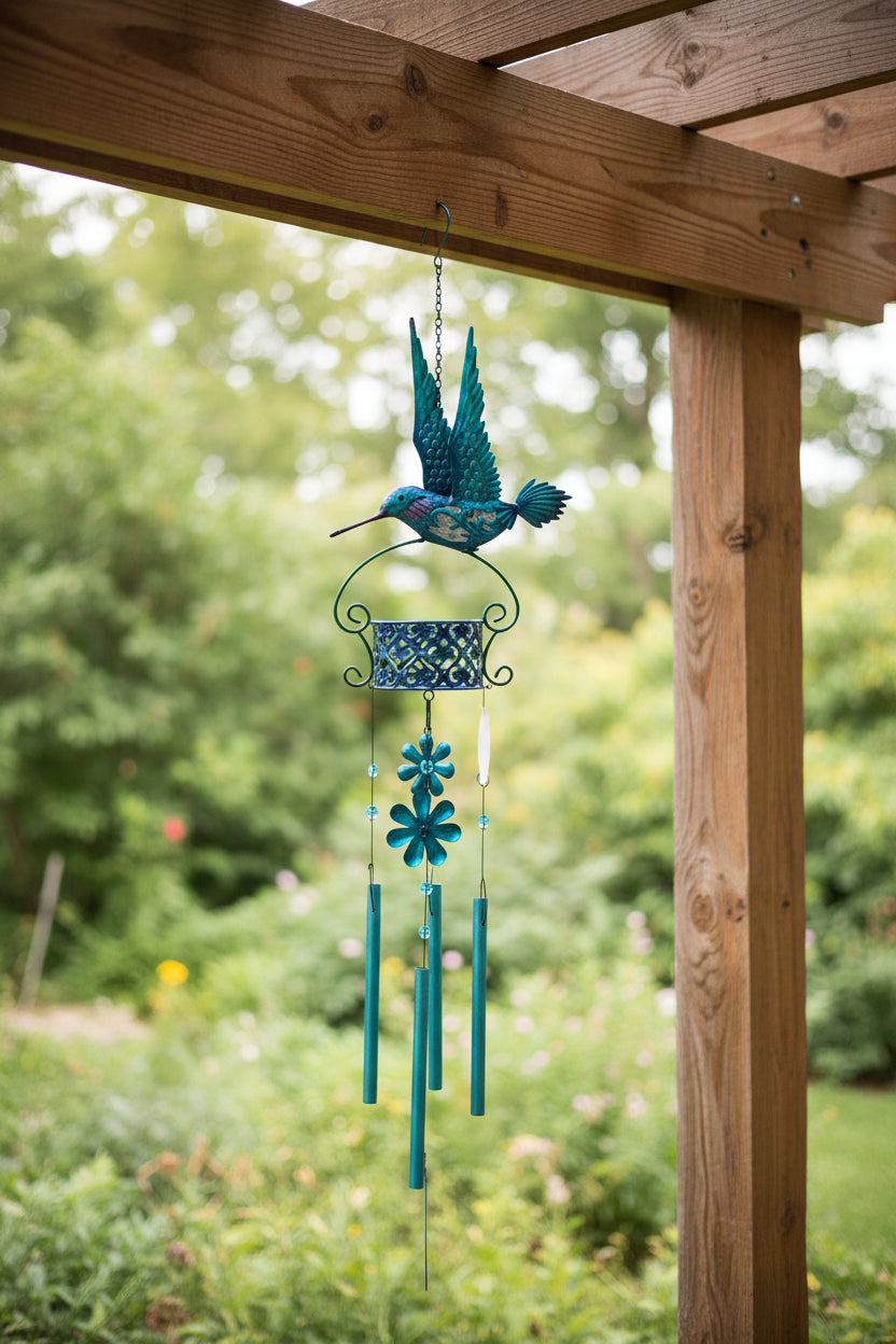 Metal Blue Hummingbird with daisy wind chime