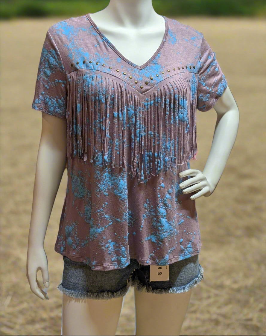 Vocal Western V-neck fringe top with stud detail in lavender, styled with denim and boots for a rodeo look.