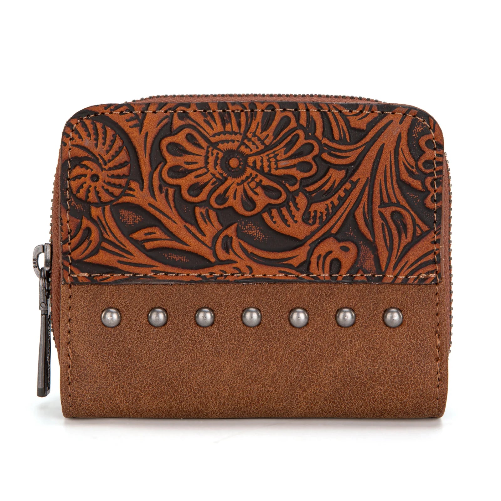 Brown leather wallet with floral tooled design and silver studs on a white background