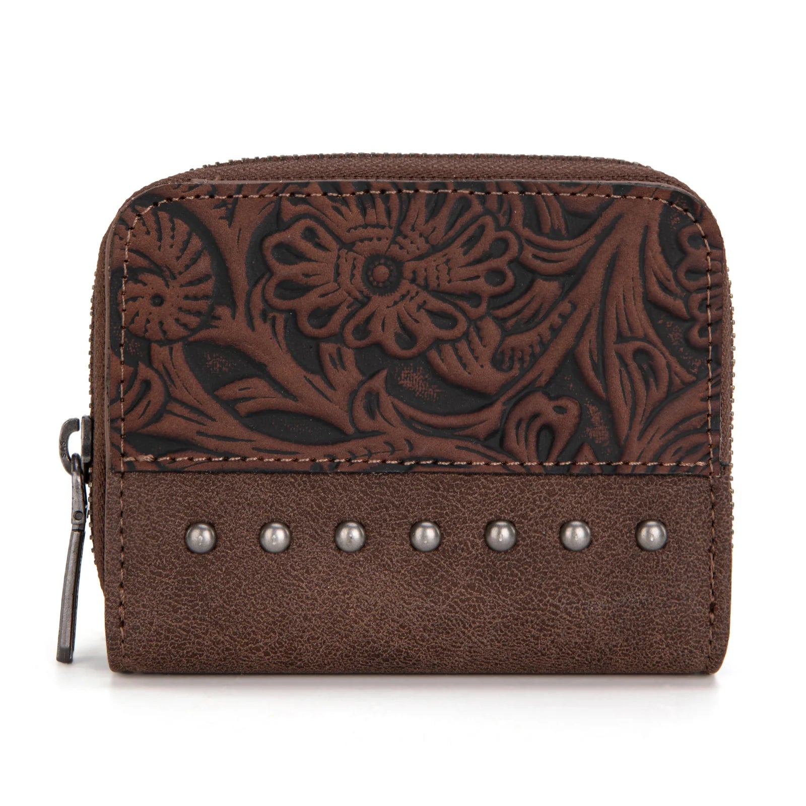Brown leather wallet with floral embossing and silver studs on a white background