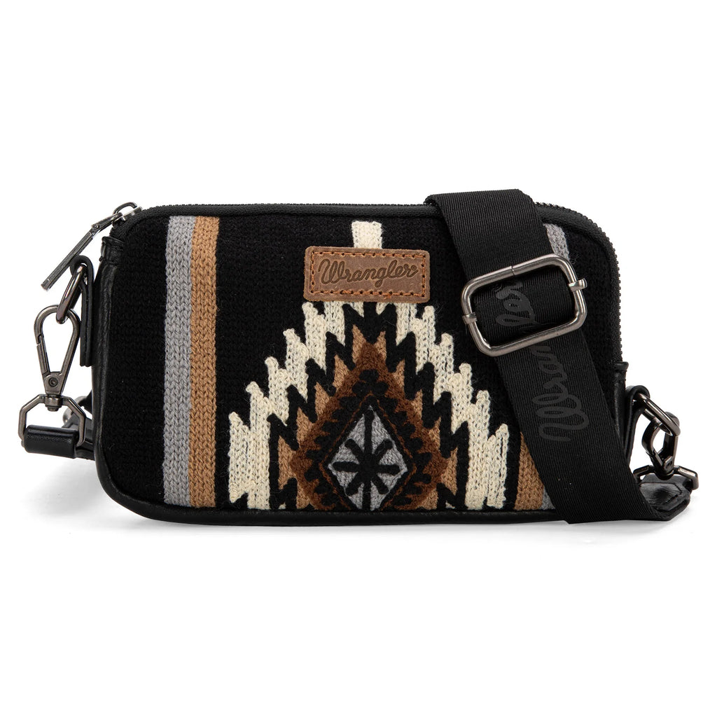 Small crossbody bag with geometric pattern on a white background