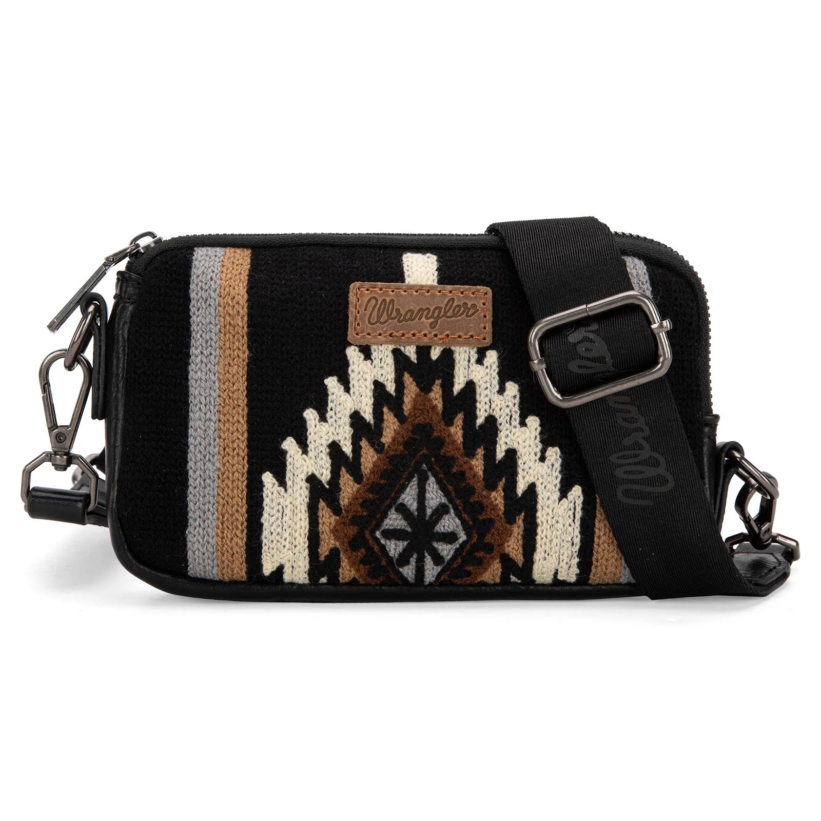 Small crossbody bag with geometric pattern on a white background