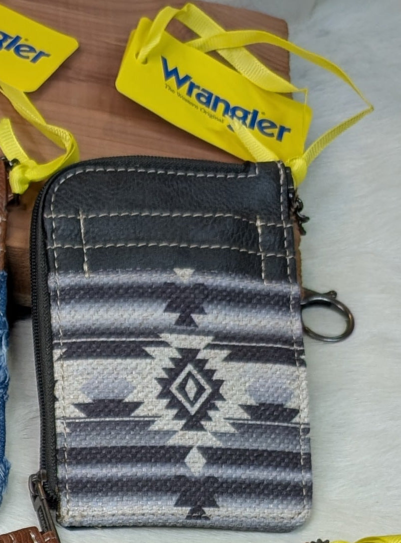 Up-Close Black and aztec Card Holder with a wrangler tag.