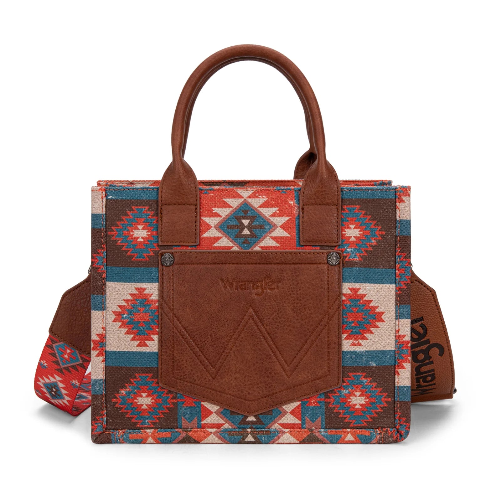 Tote bag with tribal pattern and brown handle on a white background