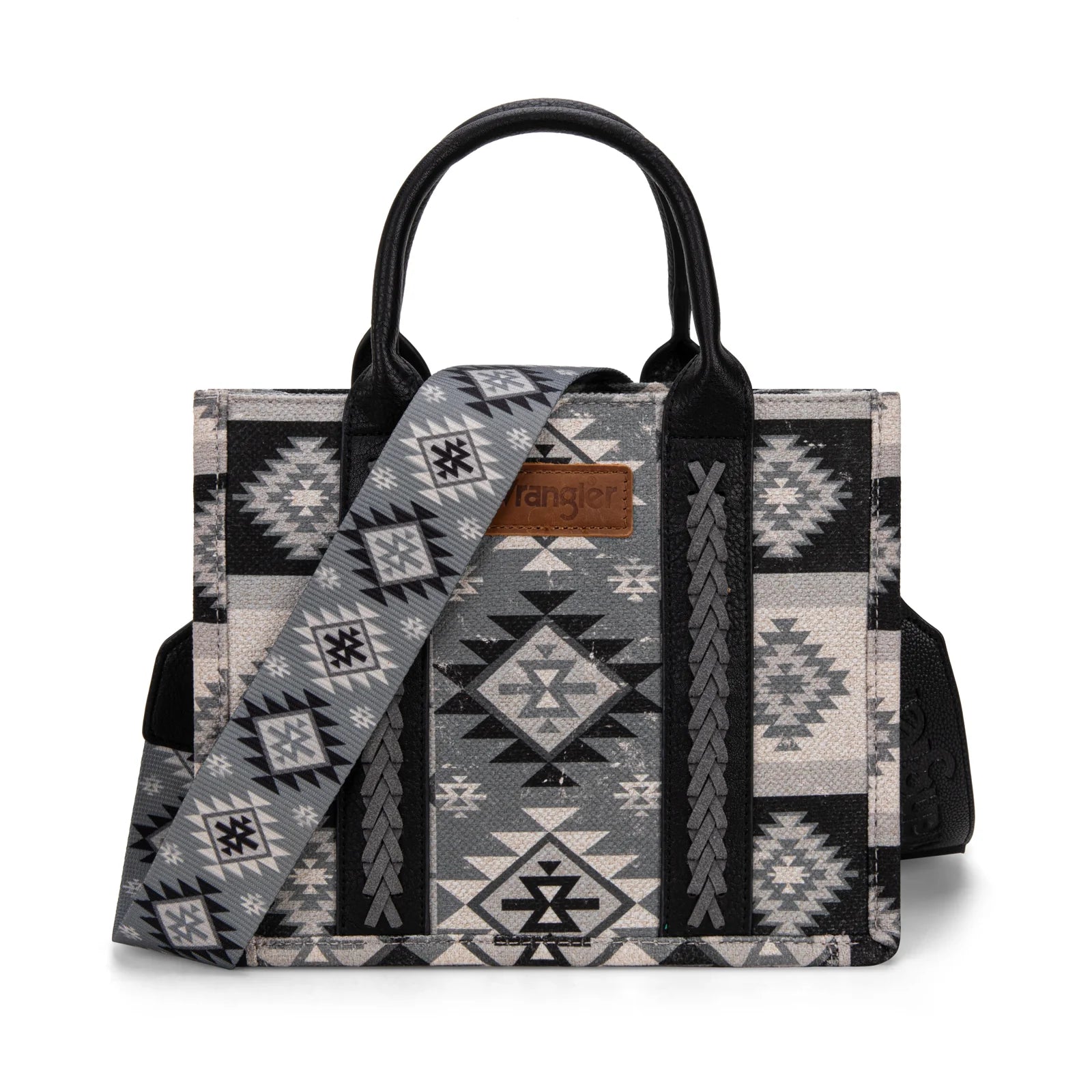Patterned handbag with a visible brand logo on a white background