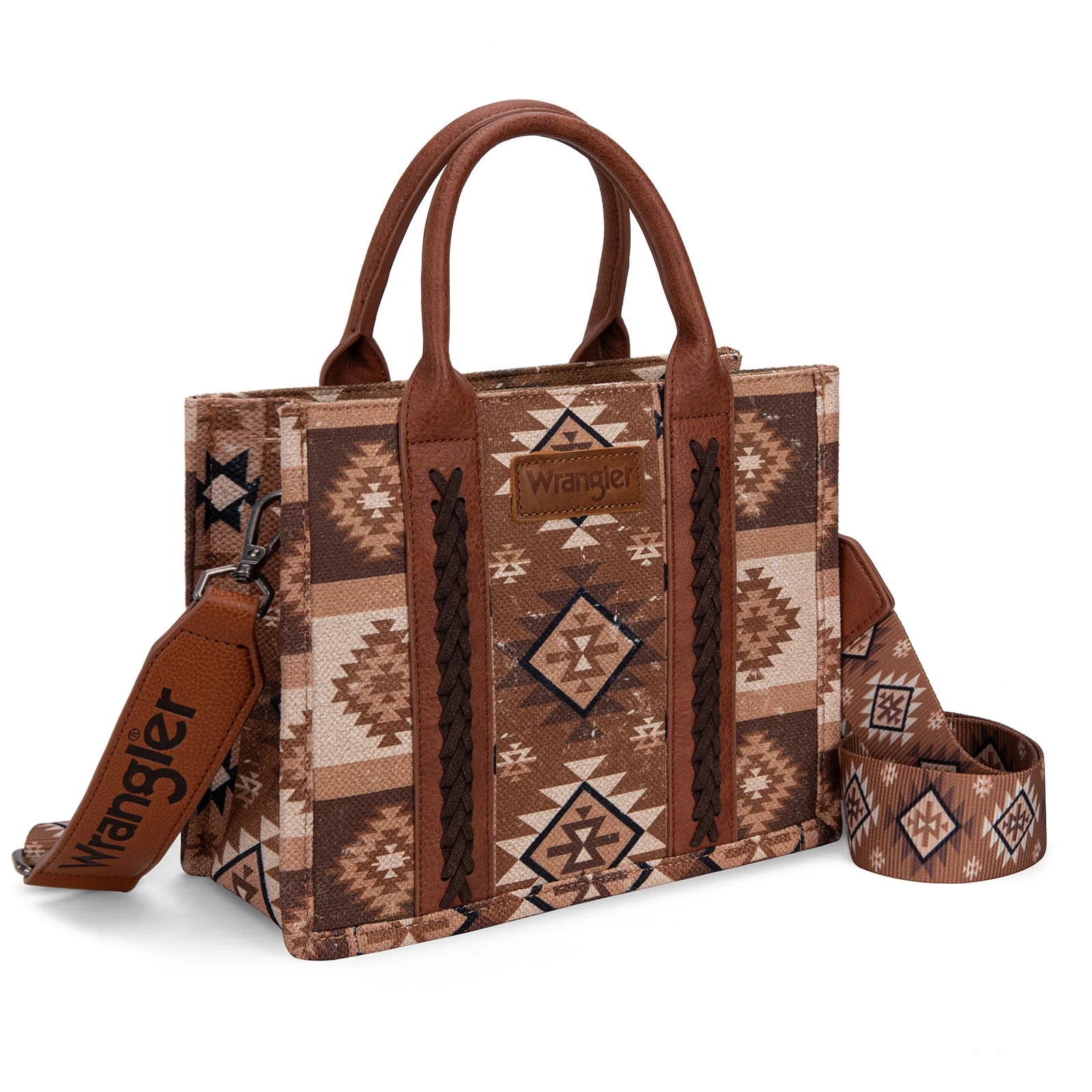 Brown patterned handbag with a strap, featuring the Wrangler brand, on a white background.