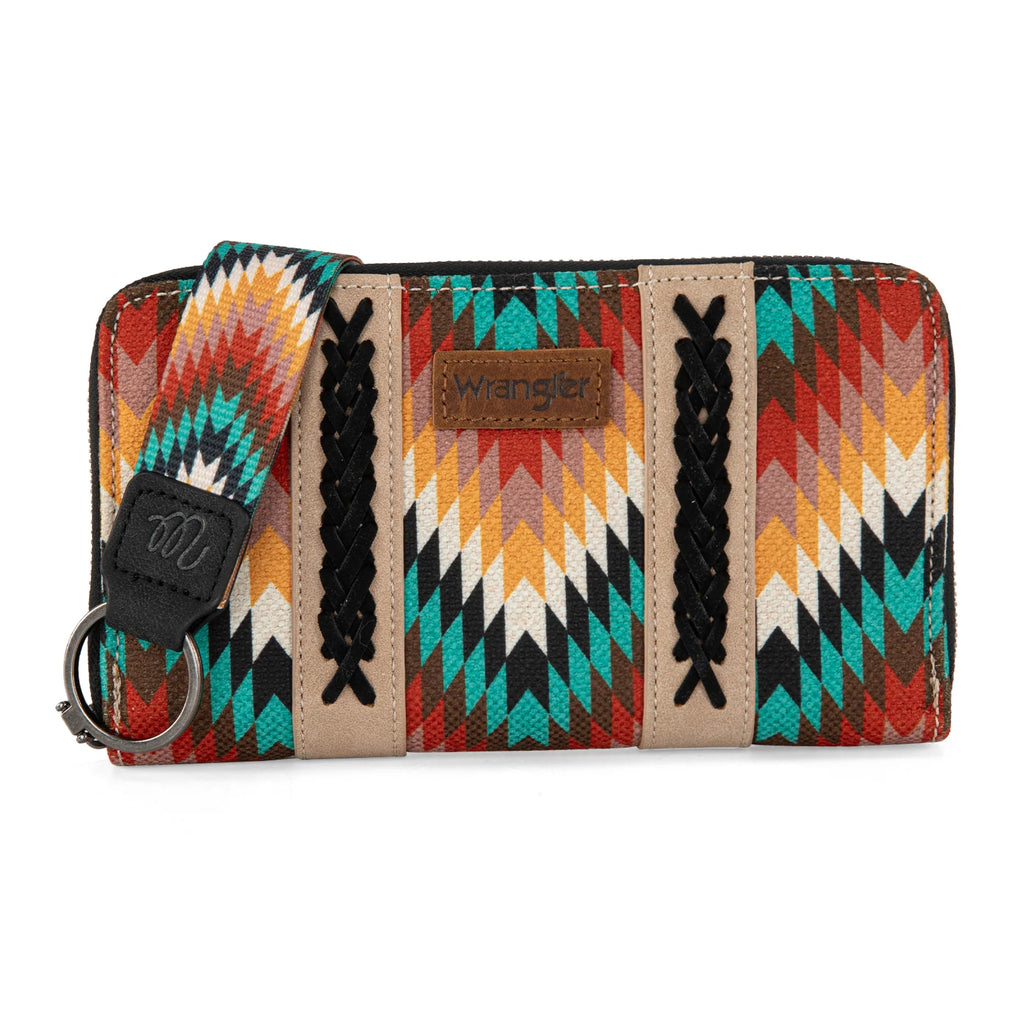 Colorful patterned wallet with braided design on a white background