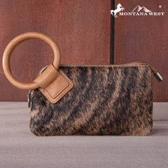 Leopard print pouch with brown leather key ring on a gray surface, Montana West logo in the corner.