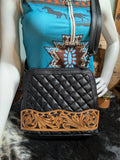 Black genuine leather quilted crossbody purse, perfect for everyday or rodeo use