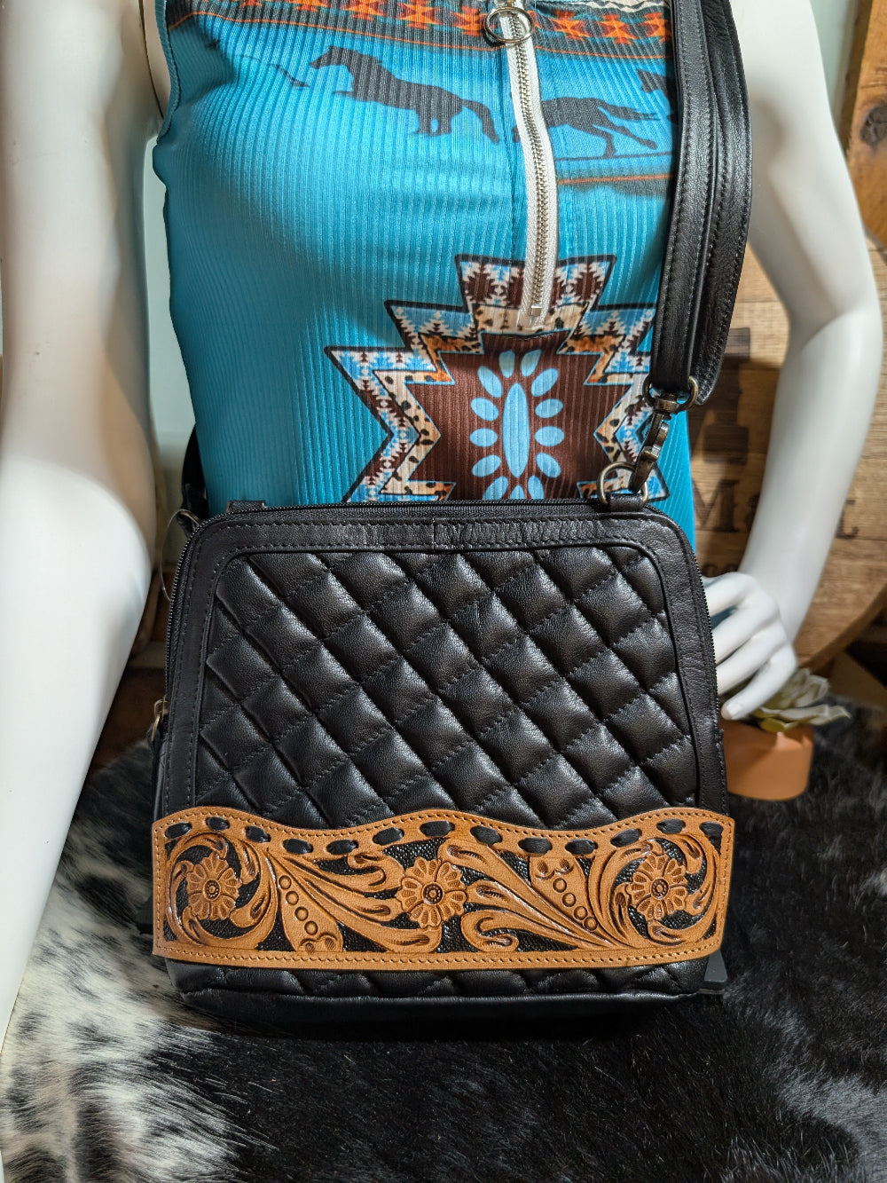 Black genuine leather quilted crossbody purse, perfect for everyday or rodeo use