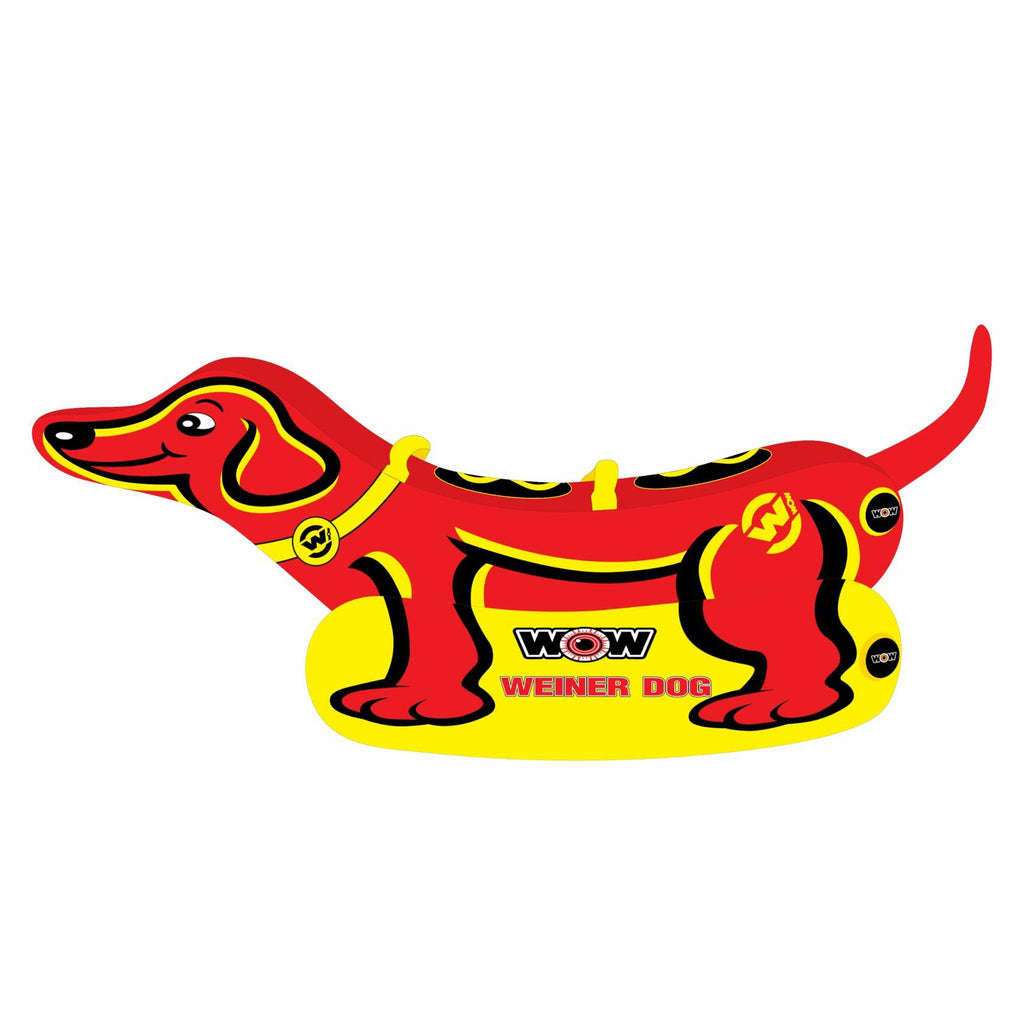 WOW Sports Weiner Dog inflatable 1 to 2 person towable water tube featuring a red and yellow dachshund shape with a built-in seating pontoon against a white background.
