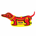 WOW Sports Weiner Dog inflatable 1 to 2 person towable water tube featuring a red and yellow dachshund shape with a built-in seating pontoon against a white background.