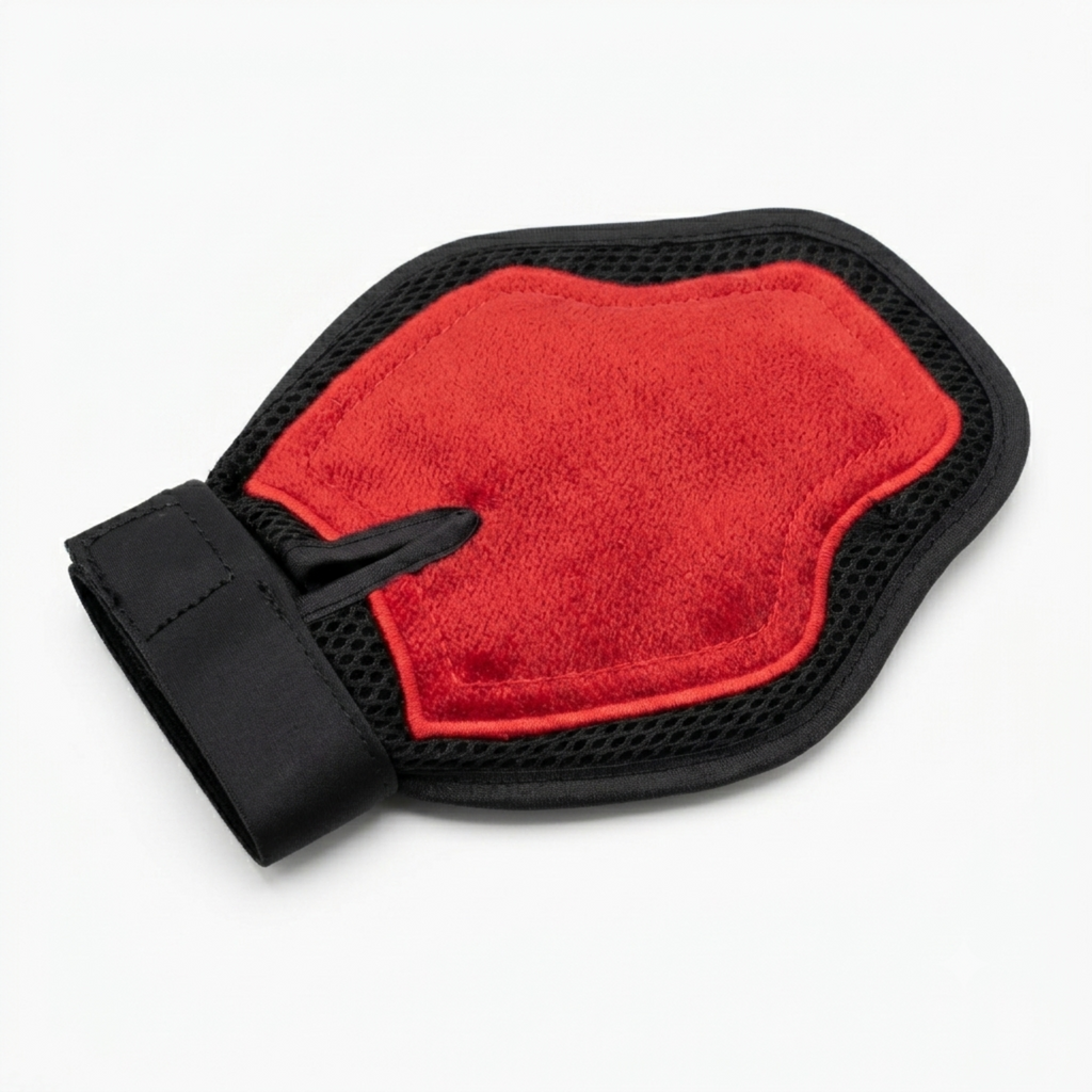 Red and black wash mitt with a microfiber pad and a Velcro closure wrist 