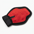 Red and black wash mitt with a microfiber pad and a Velcro closure wrist 
