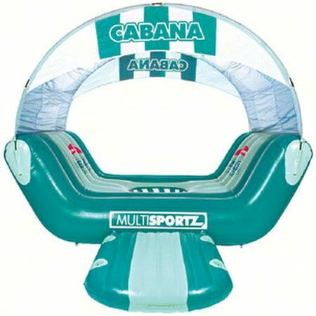 Inflatable pool float with 'Cabana' and 'Multisportz' branding on a white background