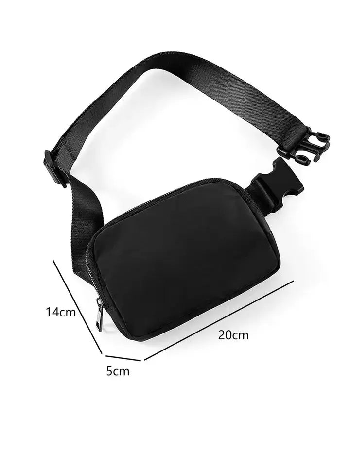 Black crossbody  bag with measurements on a white background