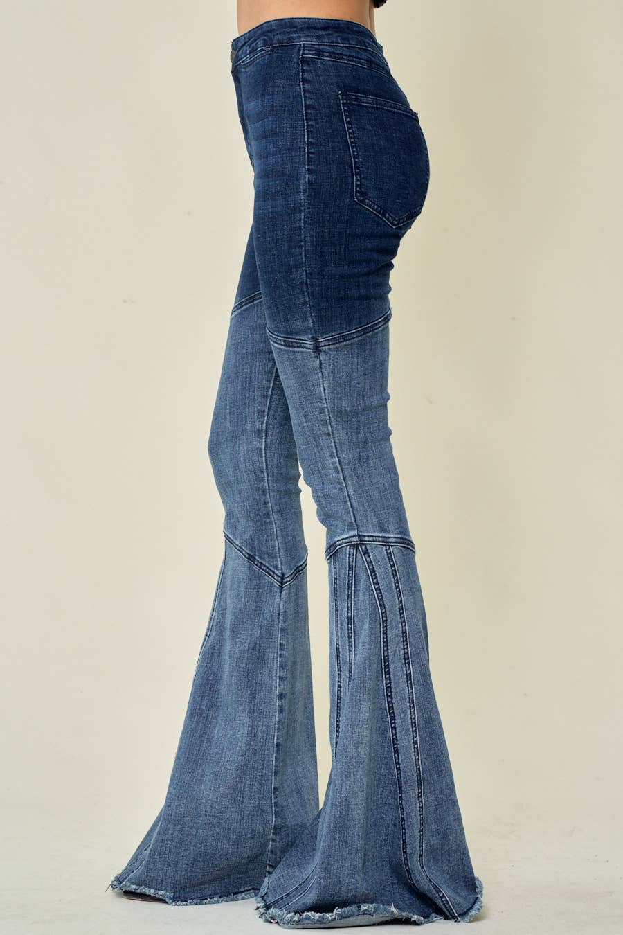 “Western-inspired women’s denim pants with dramatic flare leg