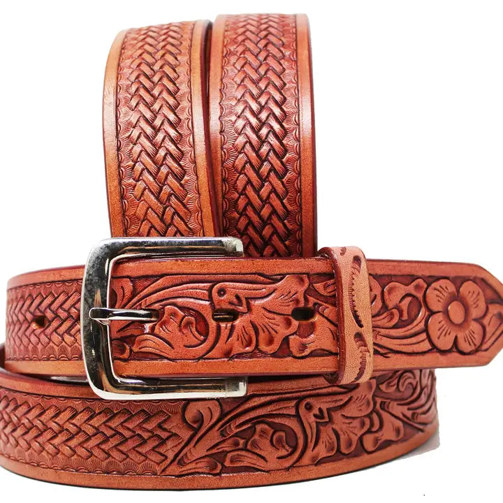 Western 1-1/2" Wide Rodeo Fashion Flower Tooled Leather Belt