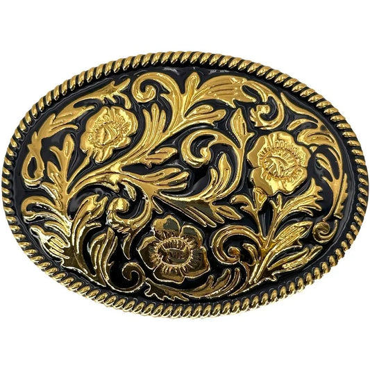 Western Belt Buckle with Golden Floral Design