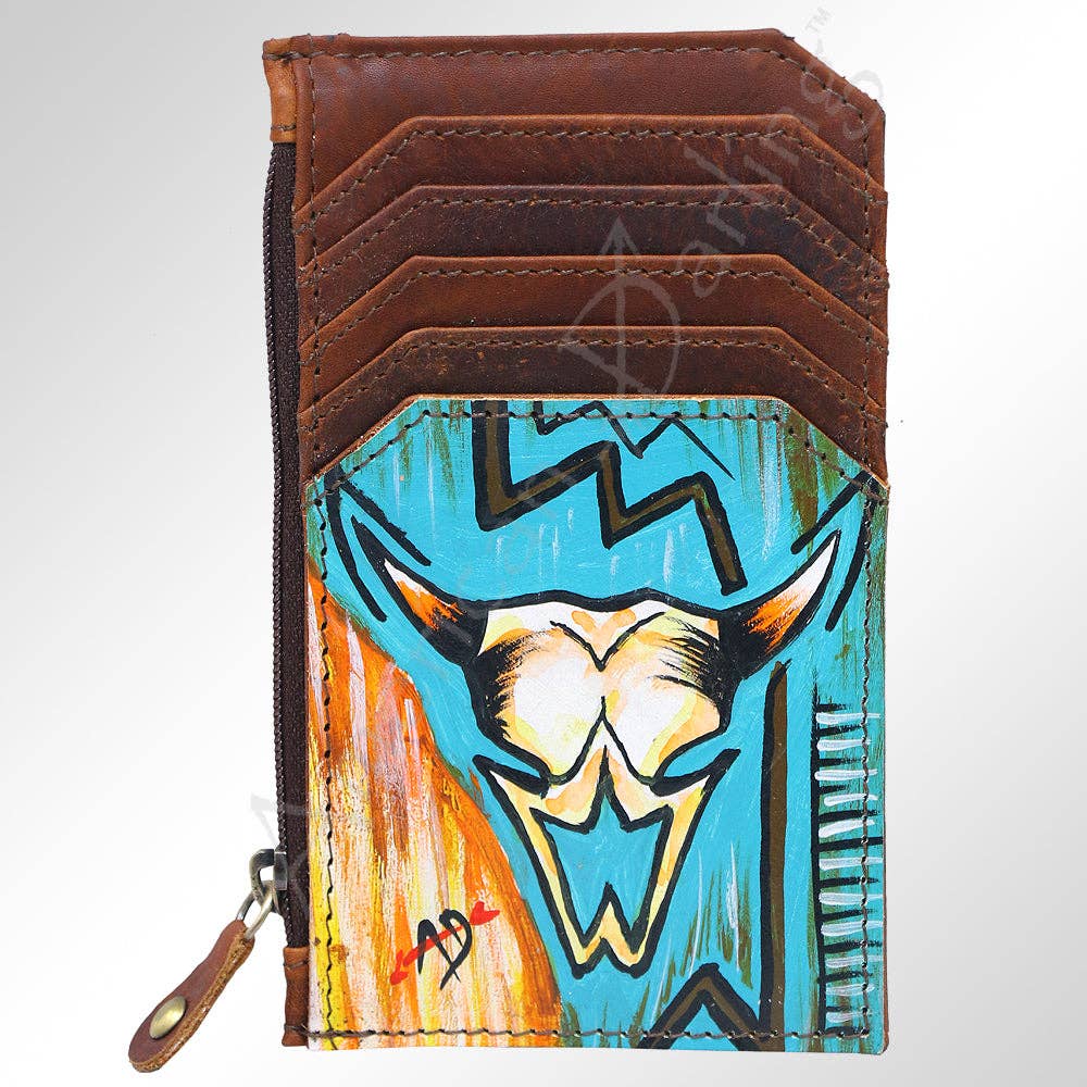 Hand-Painted Card Holder - Western Cowhide Leather Zip Wallet