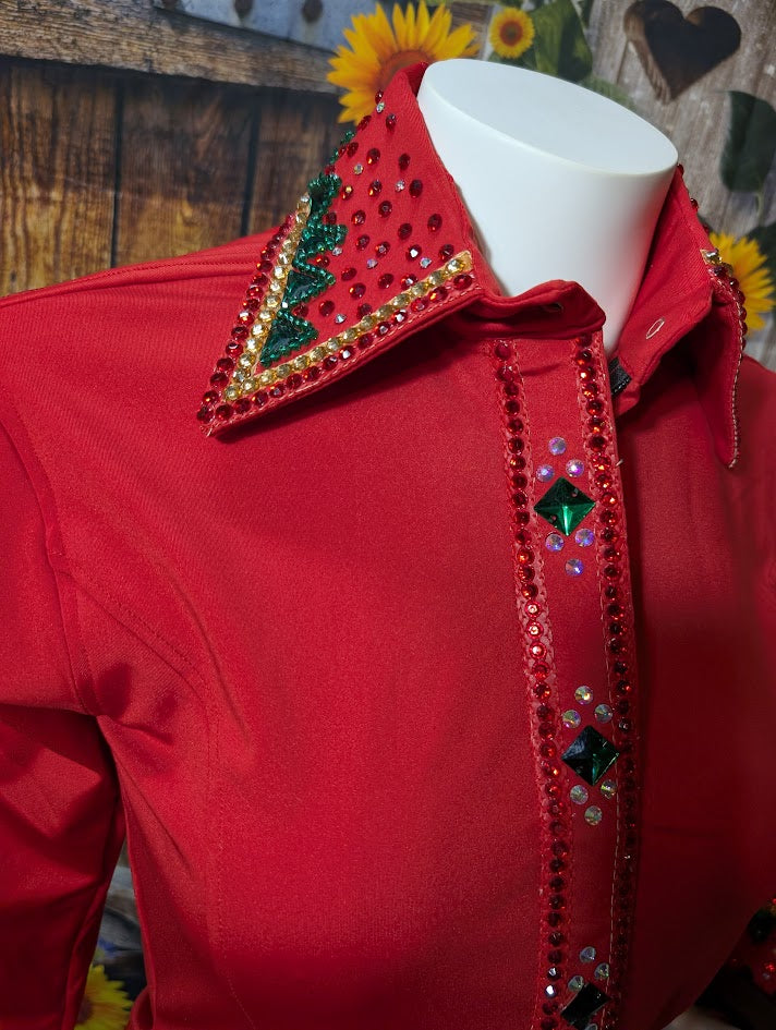Red western show shirt up close with green and clear jewels
